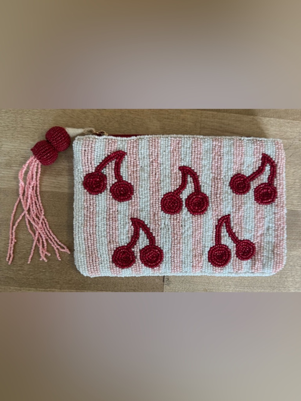 Wandering Moon Beaded Cherry Clutch-wristlet pouch Pink and Red striped